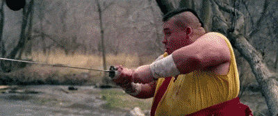 Fat Ninja. Anyone remember Fruit Ninja?.. any one else notice that in the last gif it is two separate times... look at his shirt the red stripes are gone