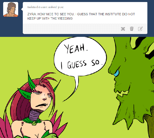 Zyra and Maoki. source: ask-zyra-thecuriousflower.tumblr.com/post/86914282508/i-guess-thats-why-youre-still-here Longing to take control of her fate, the ancien