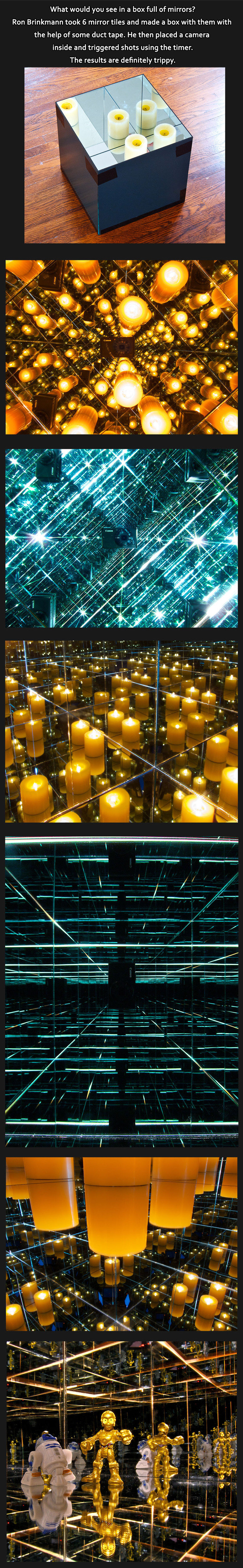 Box of mirrors Box of mirrors. In response to this post /funny_pictures/4650068/Mirrors/ Link to the website containing all the pictures www.flickr.com/photos/ronbrinkmann/set