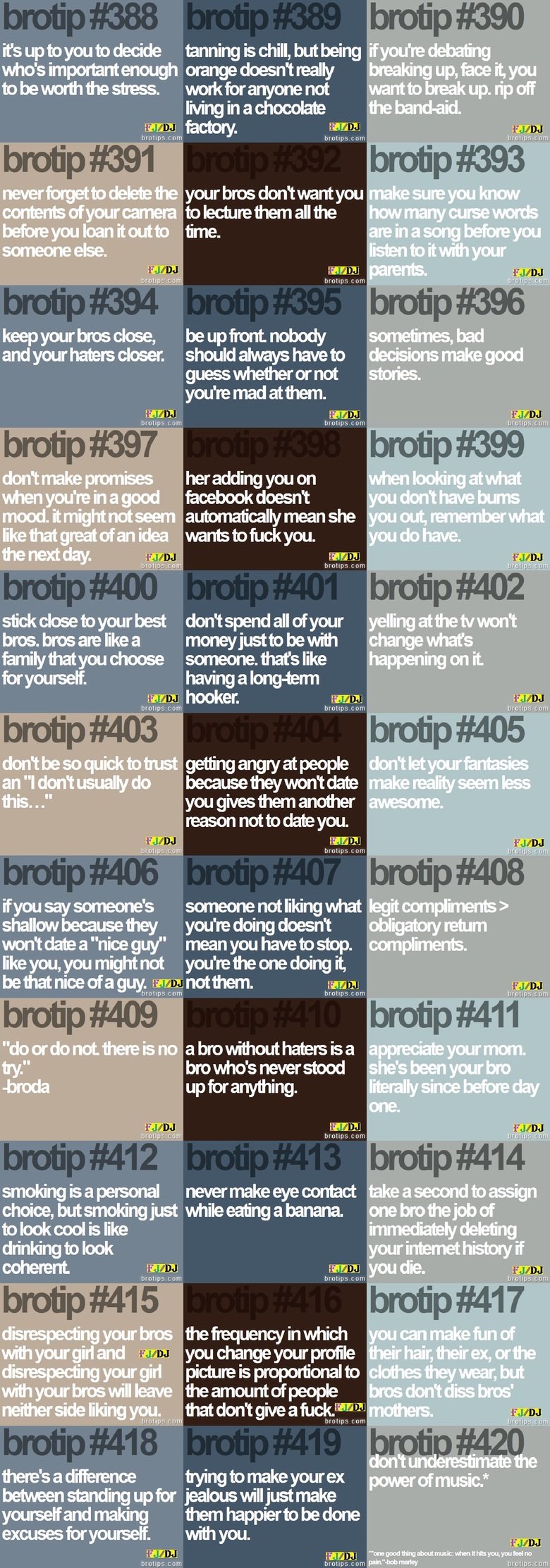 Bro Tips 388-420 Bro Tips 388-420. Bro Tips are not my thoughts and i do not clam they are. I am just bringing them to you in an easier to read format. If you want to read them