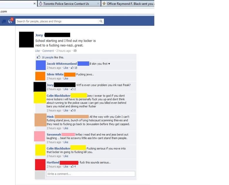 Facebook (holy fuck) Facebook (holy fuck). I literally cannot believe this just happened. These white supremecists in my school harrass anybody that is jewish/ different color (obvi