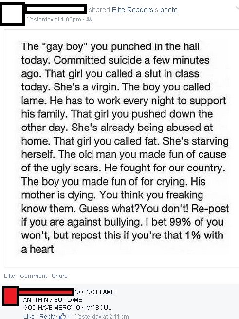 Facebook Cringe. Some amazing OC... She was born in 1999.. Like . (h) mment. Share. That kid you called gay? He just sucked off two guys in the dressing room in gym class. That girl you called fat? She gorged on six cupcakes at lunch. That kid 