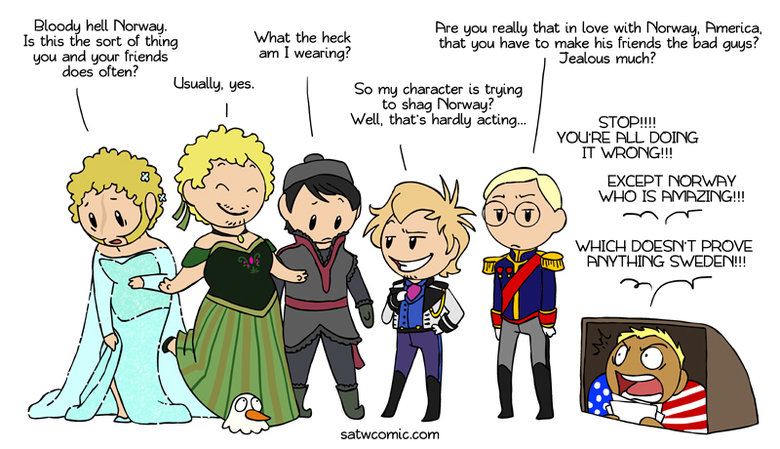 Frozen Scandinavia Frozen Scandinavia. Left to right: Svalbart as Elsa, Norway as Anna, Saami as Kristoff, Denmark as Hans, and Sweden as the Duke of Weselton. I wasn't going to d