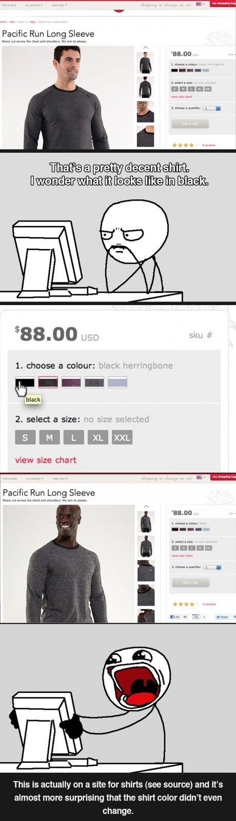 Racist clothing website? Racist clothing website?. This site can't be serious. It also looks like they updated the site so the white guy's shirt is blue. tinyurl.com/blackguyshrt. Pacif