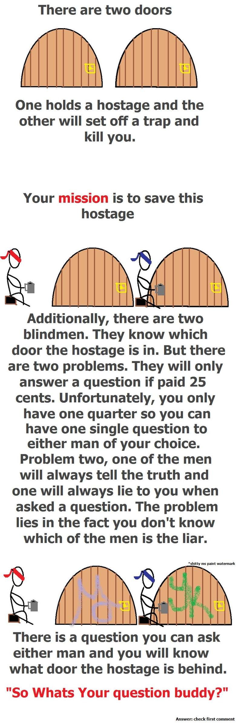 Riddle Riddle. This is one of the hardest riddles i know, feel free to share you own in comments Funny OC here- /funny_pictures/3229891/Awkward. There are two doors On