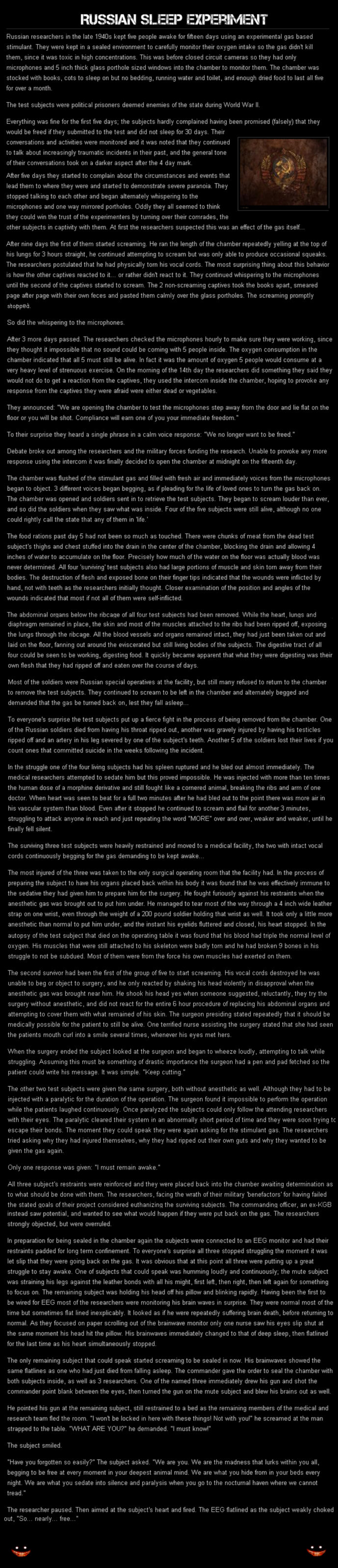 Russian Sleep Experiment Russian Sleep Experiment. The link to this pasta is here: creepypasta.wikia.com/wiki/The_Russian_Sleep_Experiment I am CreepsMcPasta and I will be posting stran