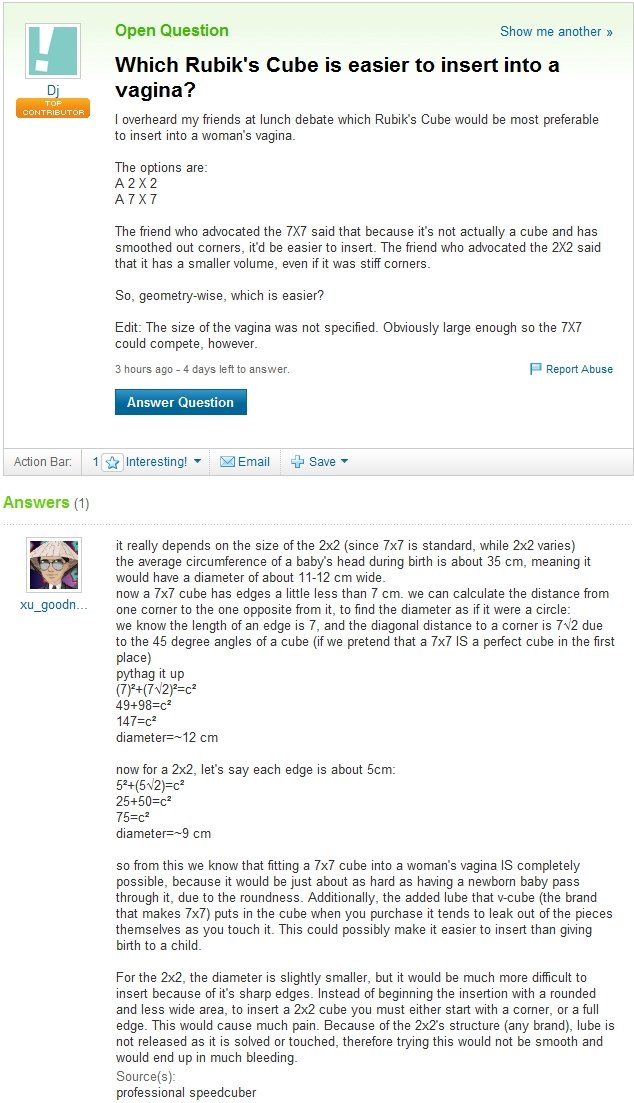 Vagina Rubik's Vagina Rubik's. Yeah... Apparently this is between two of my friends.<br /> Requested by my friend here's the link: answers.yahoo.com/question/index?qid=2