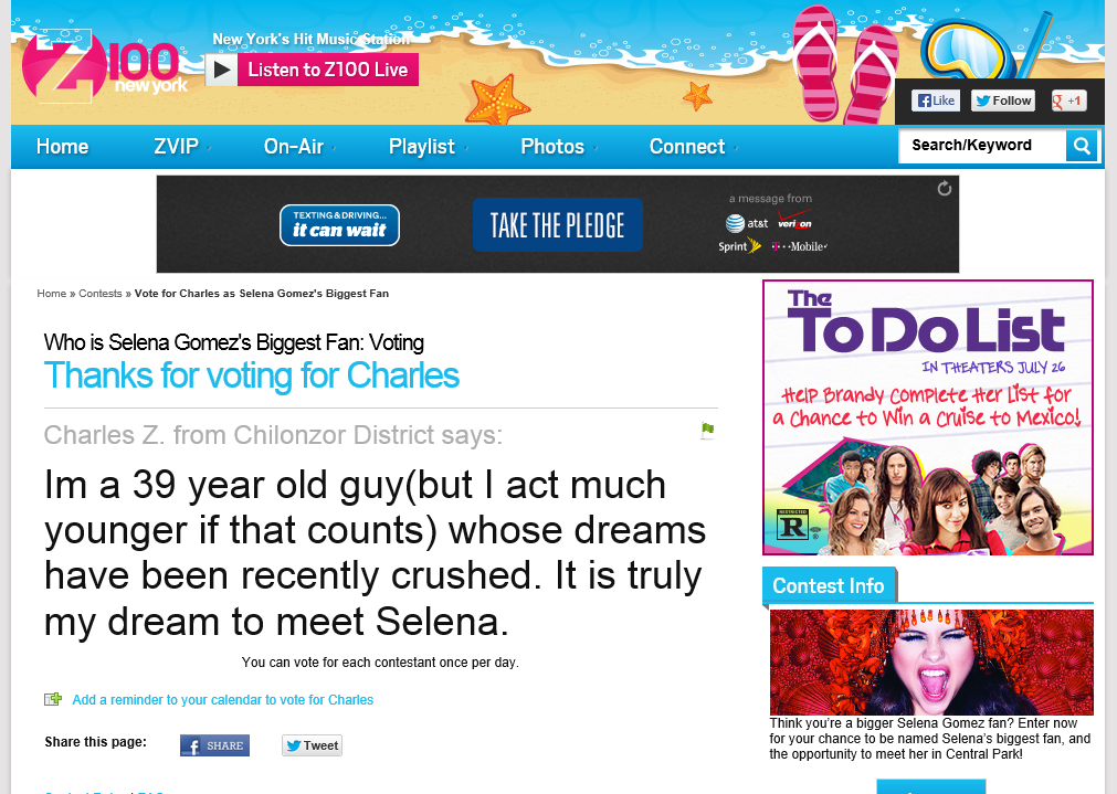 vote for charles to meet selena gomez vote for charles to meet selena gomez. vote for Charles to meet selena gomez. www.z100.com/pages/contest/selena-gomez/?s3&day=after not sure when the contest is